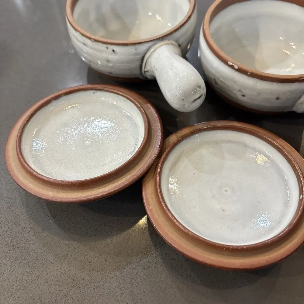 Set 2 Clay Pottery Covered Bean Pot Soup Bowl Crock Glazed Set 2 W Lids